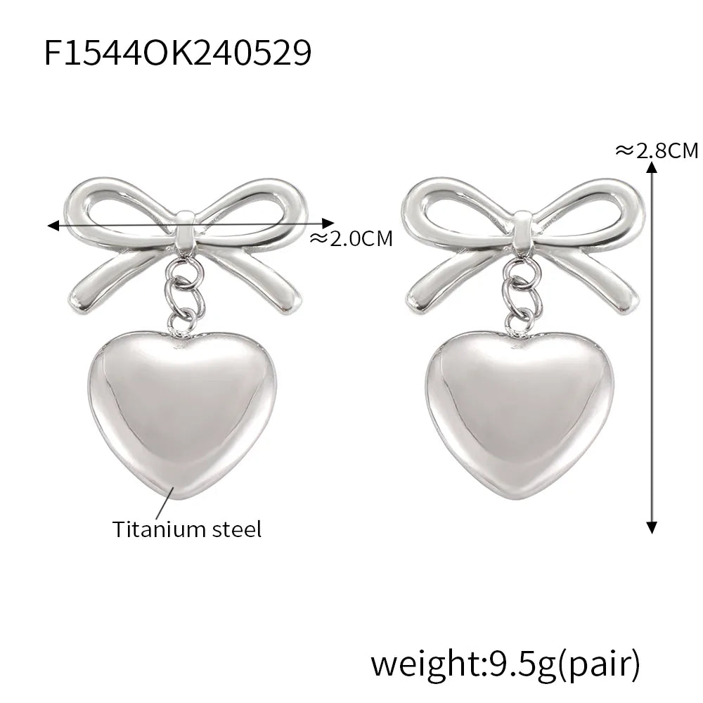 1 Pair IG Style Simple Style Korean Style Heart Shape Bow Knot 304 Stainless Steel 18K Gold Plated Drop Earrings