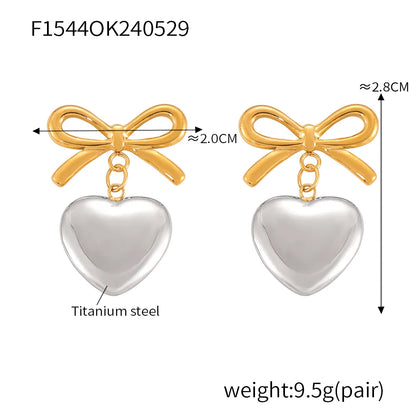 1 Pair IG Style Simple Style Korean Style Heart Shape Bow Knot 304 Stainless Steel 18K Gold Plated Drop Earrings