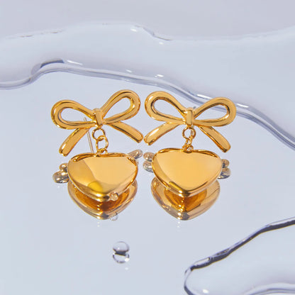 1 Pair IG Style Simple Style Korean Style Heart Shape Bow Knot 304 Stainless Steel 18K Gold Plated Drop Earrings