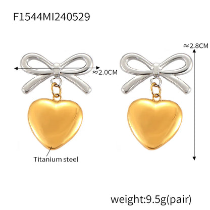 1 Pair IG Style Simple Style Korean Style Heart Shape Bow Knot 304 Stainless Steel 18K Gold Plated Drop Earrings