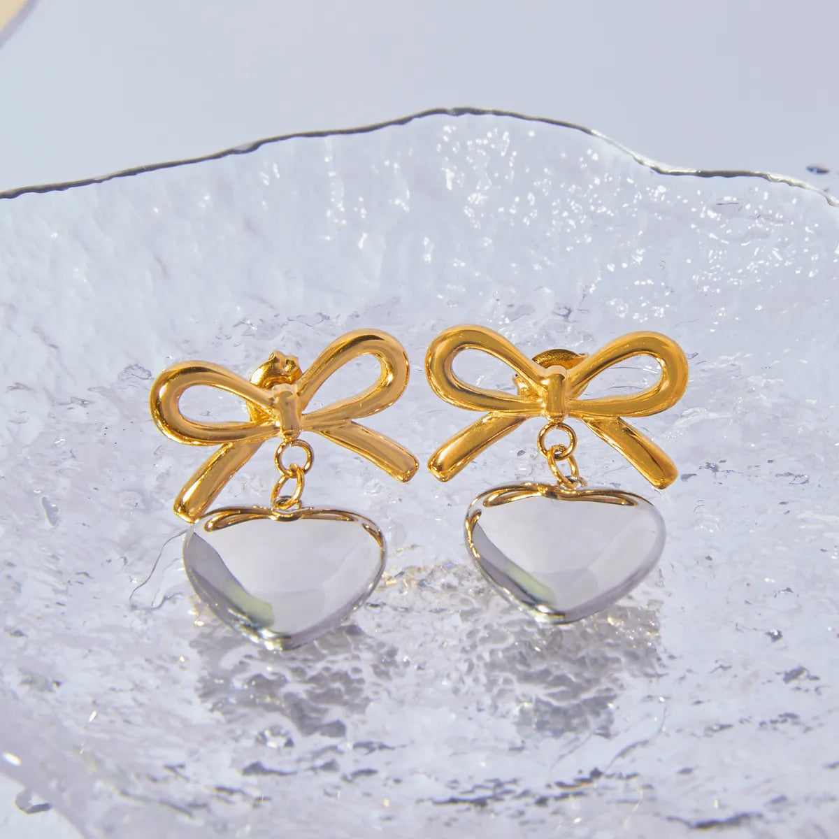 1 Pair IG Style Simple Style Korean Style Heart Shape Bow Knot 304 Stainless Steel 18K Gold Plated Drop Earrings