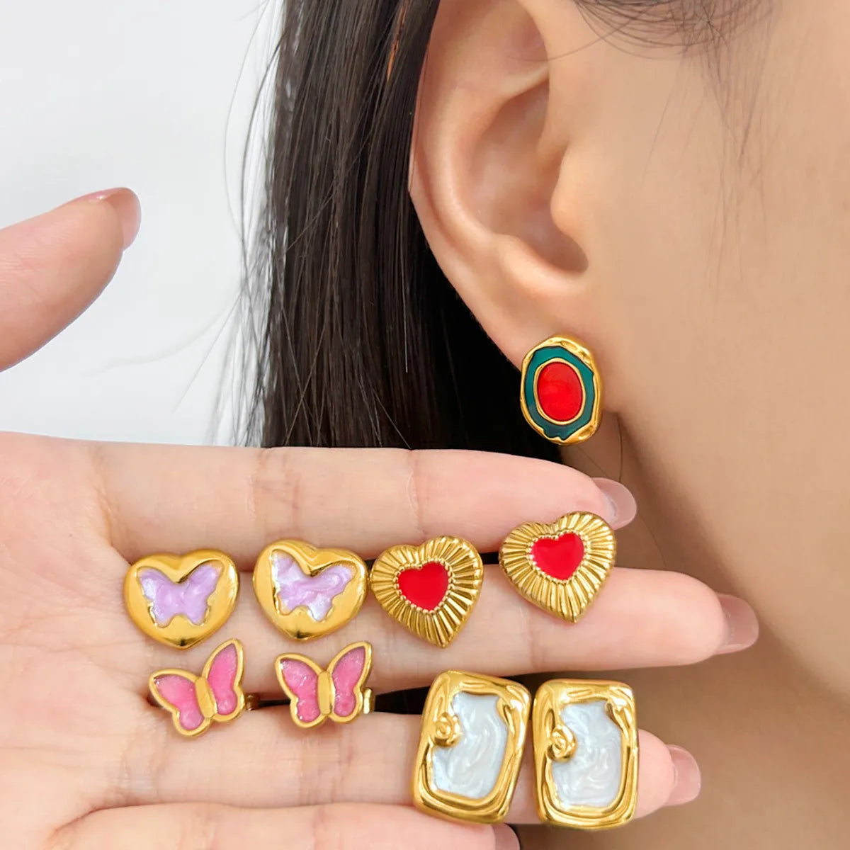 1 Pair IG Style Simple Style Oval Heart Shape Butterfly Enamel Plating 304 Stainless Steel Ear Studs