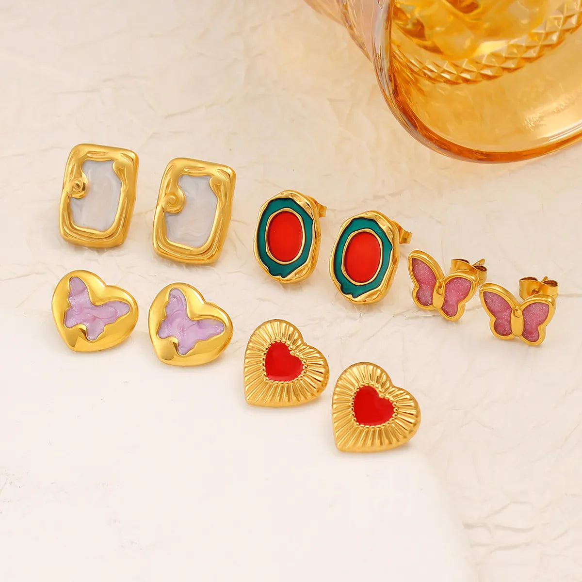 1 Pair IG Style Simple Style Oval Heart Shape Butterfly Enamel Plating 304 Stainless Steel Ear Studs