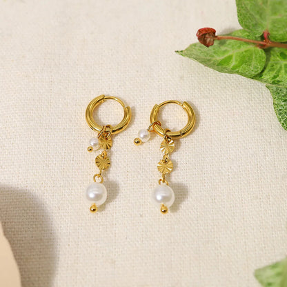 1 Pair Ig Style Simple Style Round Pearl Plating Stainless Steel Titanium Steel 18k Gold Plated Drop Earrings