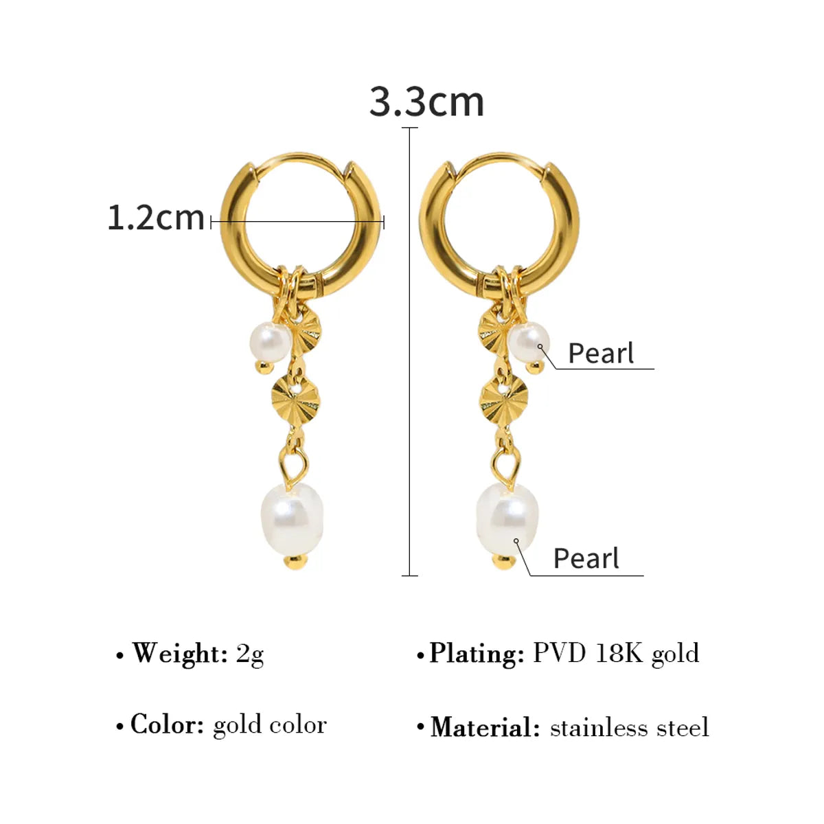 1 Pair Ig Style Simple Style Round Pearl Plating Stainless Steel Titanium Steel 18k Gold Plated Drop Earrings