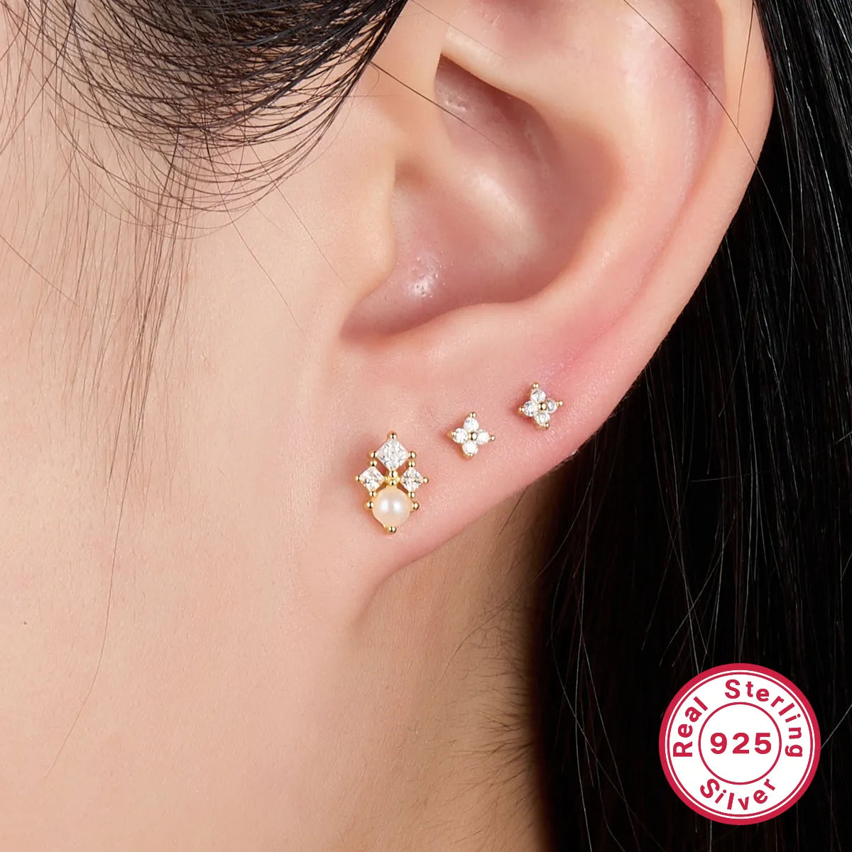 1 Pair Ig Style Simple Style Shiny Rhombus Plating Inlay Sterling Silver Artificial Pearls Zircon 18k Gold Plated White Gold Plated Ear Studs