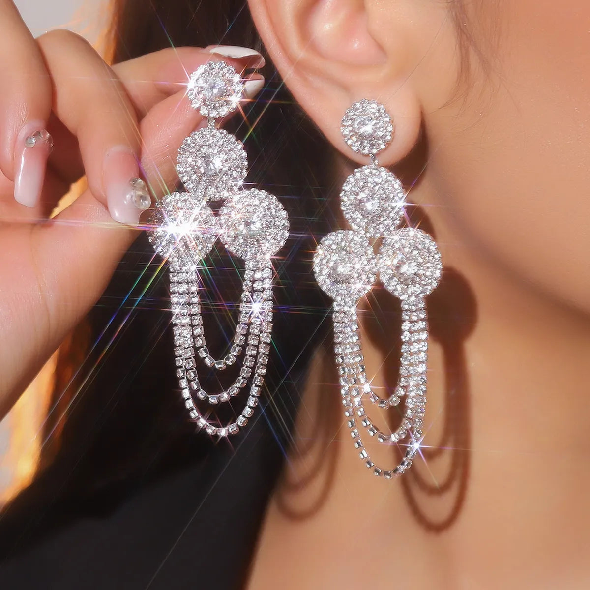 1 Pair IG Style Simple Style Shiny Round Lines Chain Inlay Rhinestone Rhinestones Drop Earrings