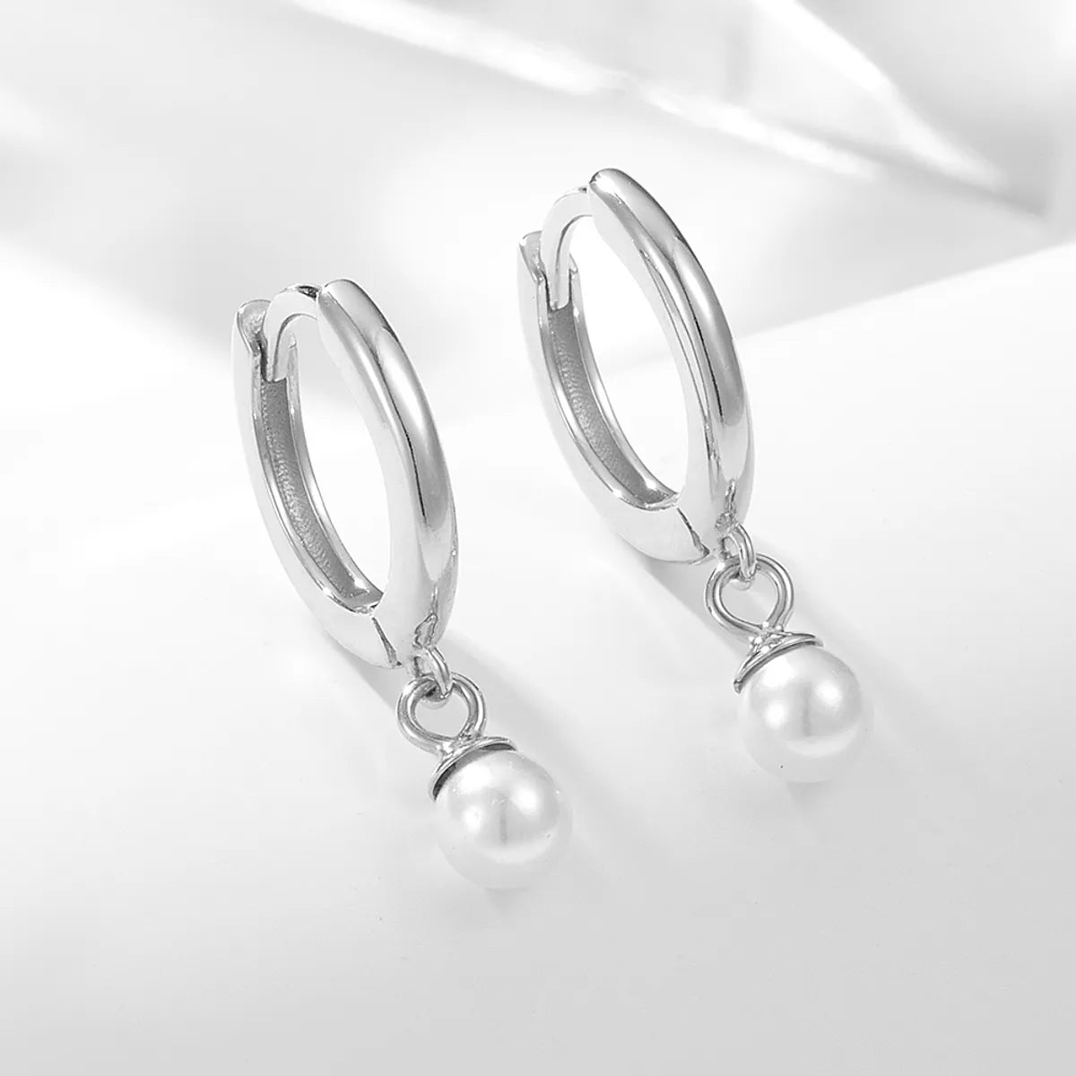 1 Pair Ig Style Simple Style Solid Color Plating Inlay Sterling Silver Pearl 14k Gold Plated Rhodium Plated Hoop Earrings