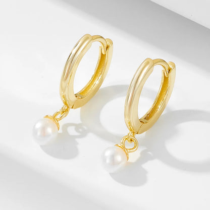 1 Pair Ig Style Simple Style Solid Color Plating Inlay Sterling Silver Pearl 14k Gold Plated Rhodium Plated Hoop Earrings