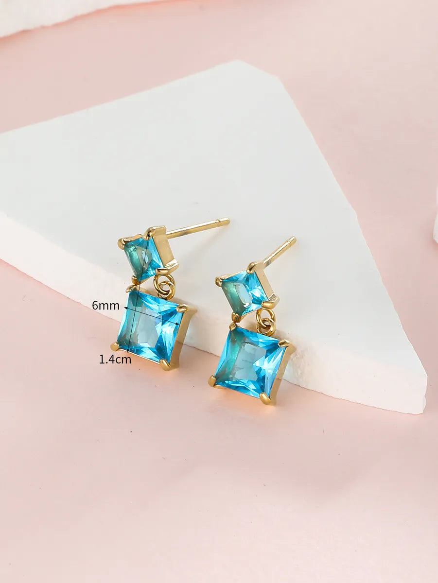 1 Pair Ig Style Simple Style Square Plating Inlay Stainless Steel Zircon 18k Gold Plated Drop Earrings