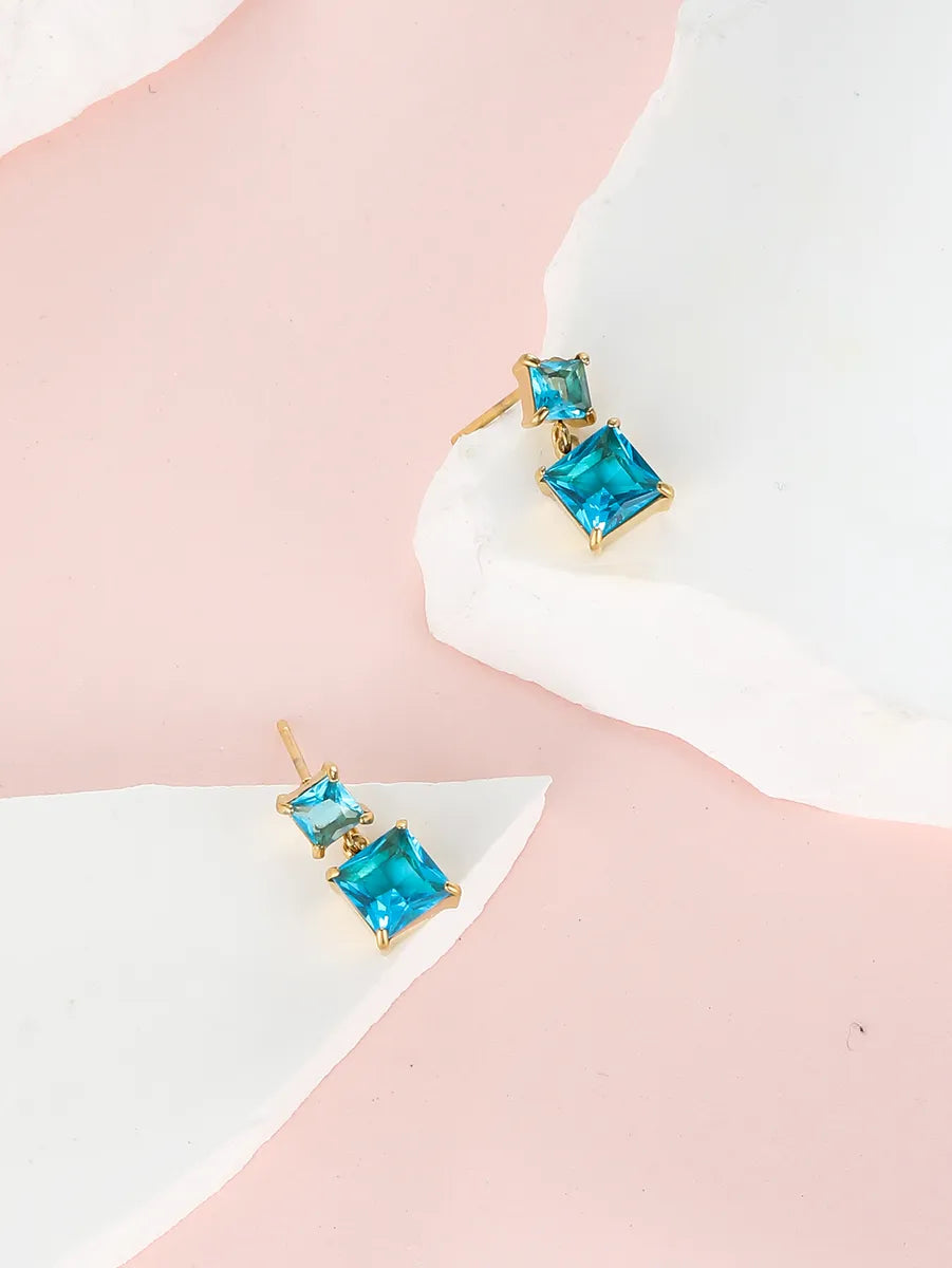 1 Pair Ig Style Simple Style Square Plating Inlay Stainless Steel Zircon 18k Gold Plated Drop Earrings