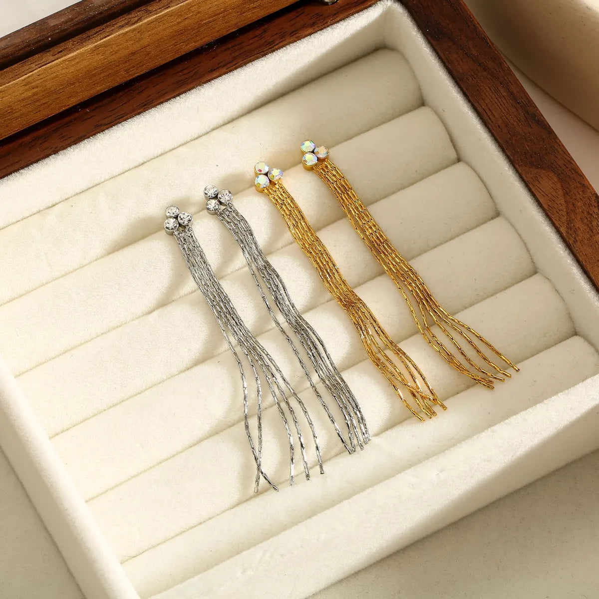 1 Pair IG Style Simple Style Tassel Inlay Titanium Steel Zircon Earrings