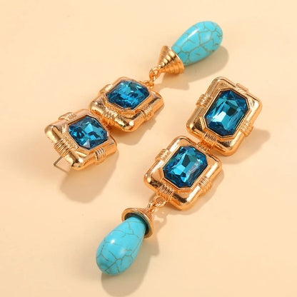 1 Pair IG Style Simple Style Water Droplets Rectangle Inlay Alloy Turquoise Rhinestones Drop Earrings