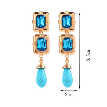 1 Pair IG Style Simple Style Water Droplets Rectangle Inlay Alloy Turquoise Rhinestones Drop Earrings