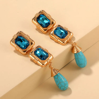 1 Pair IG Style Simple Style Water Droplets Rectangle Inlay Alloy Turquoise Rhinestones Drop Earrings