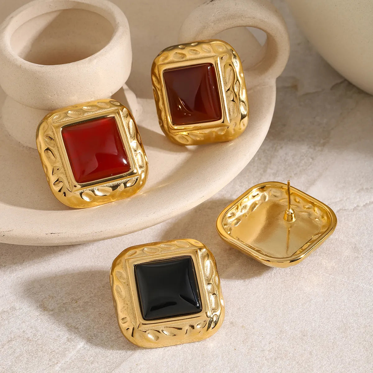 1 Pair IG Style Square Inlay 316 Stainless Steel  Agate 18K Gold Plated Ear Studs