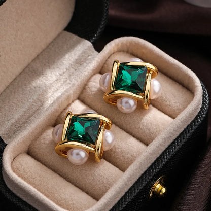 1 Pair Ig Style Square Plating Inlay Copper Freshwater Pearl Glass Zircon 18k Gold Plated Silver Plated Ear Studs