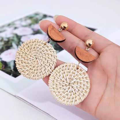 1 Pair Ig Style Streetwear Round Braid Wood 14k Gold Plated Drop Earrings