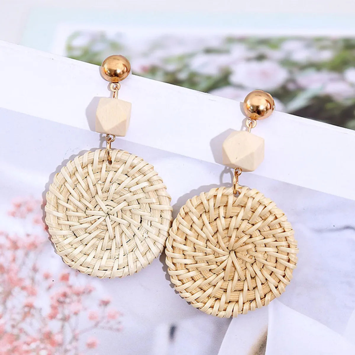 1 Pair Ig Style Streetwear Round Braid Wood 14k Gold Plated Drop Earrings