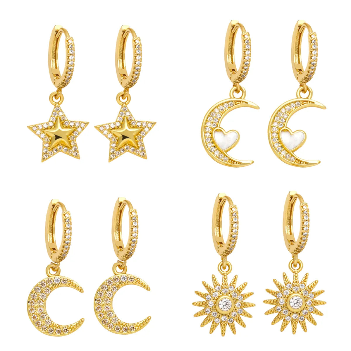 1 Pair Ig Style Streetwear Sun Star Moon Plating Inlay Copper Zircon 18k Gold Plated Drop Earrings