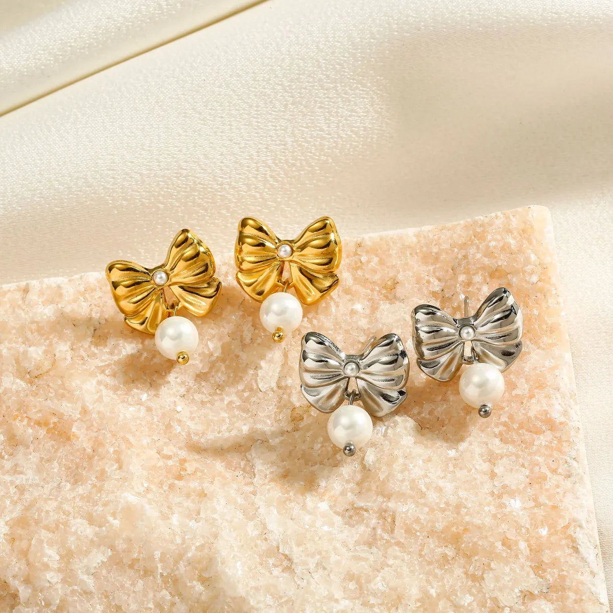 1 Pair Ig Style Sweet Bow Knot Plating Inlay Titanium Steel Pearl Earrings