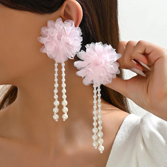 1 Pair IG Style Sweet Flower Beaded Three-Dimensional Imitation Pearl Lace Drop Earrings