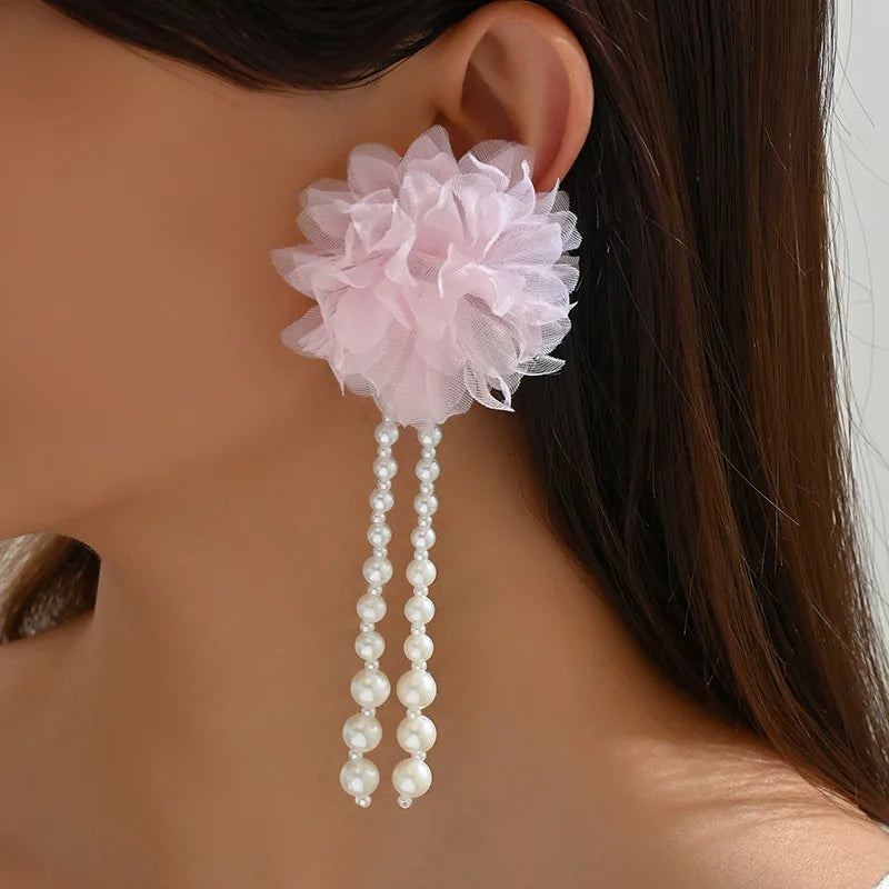 1 Pair IG Style Sweet Flower Beaded Three-Dimensional Imitation Pearl Lace Drop Earrings