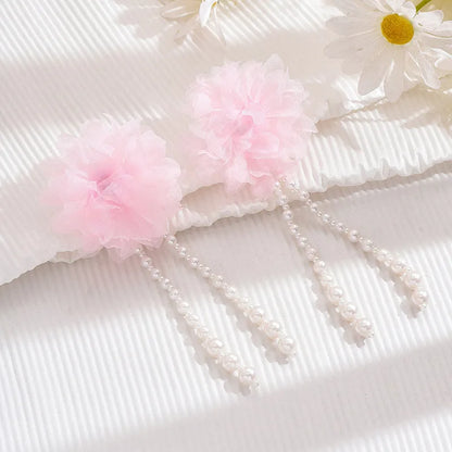 1 Pair IG Style Sweet Flower Beaded Three-Dimensional Imitation Pearl Lace Drop Earrings