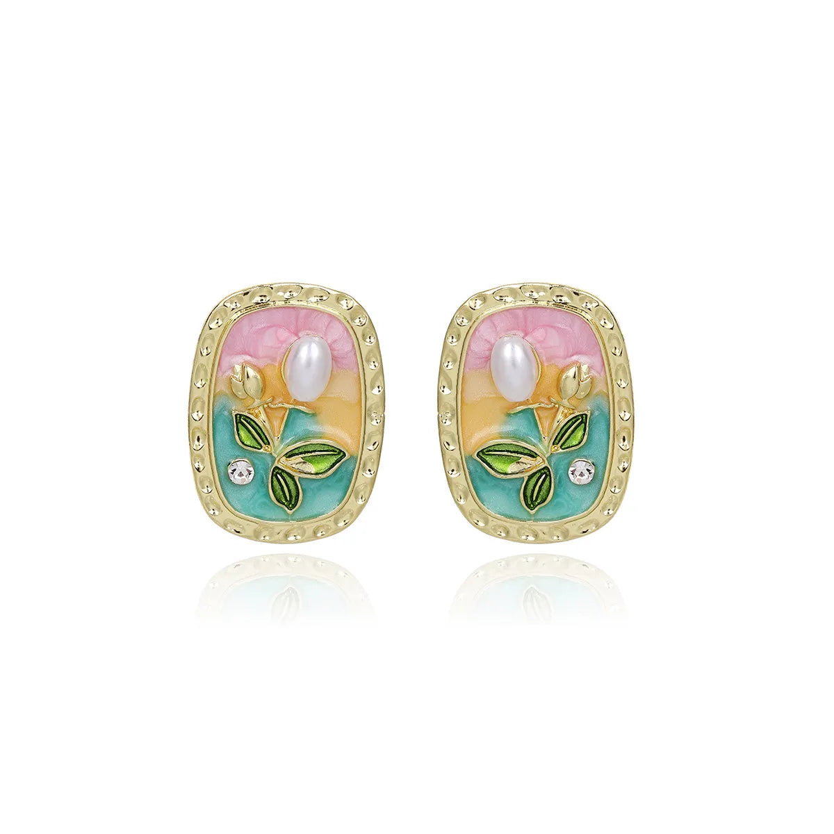 1 Pair IG Style Sweet Flower Enamel Inlay Zinc Alloy Rhinestones Pearl Ear Studs