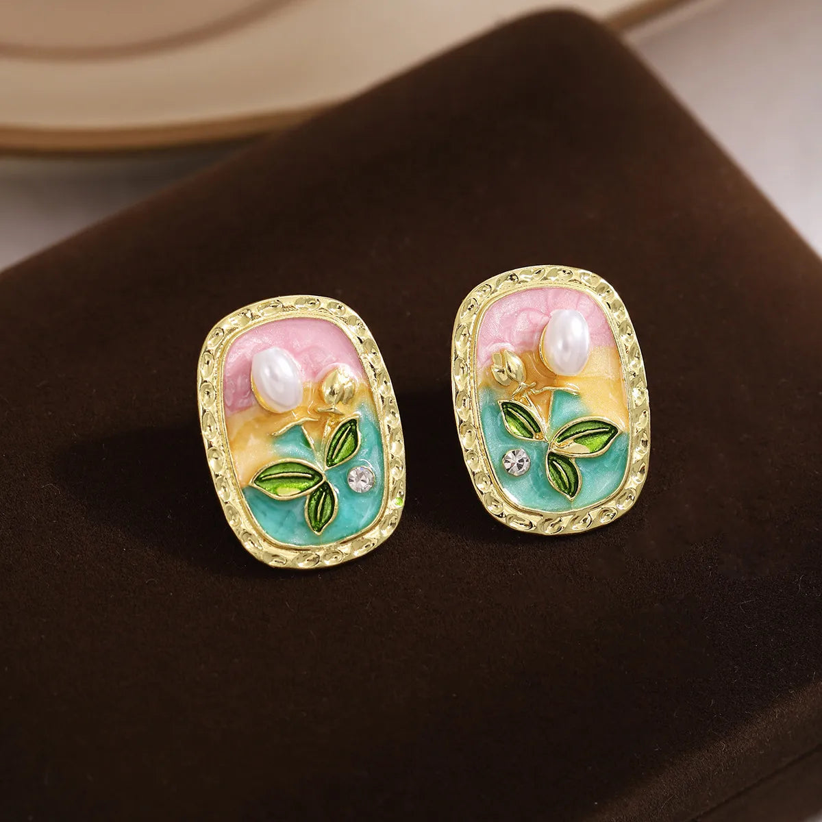 1 Pair IG Style Sweet Flower Enamel Inlay Zinc Alloy Rhinestones Pearl Ear Studs