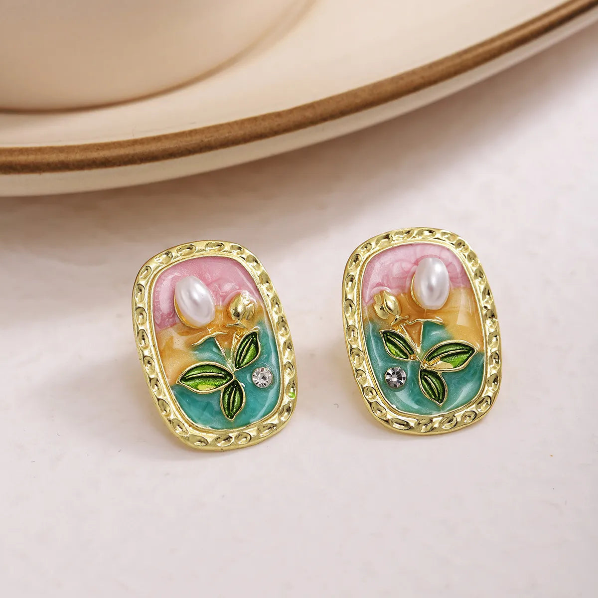 1 Pair IG Style Sweet Flower Enamel Inlay Zinc Alloy Rhinestones Pearl Ear Studs