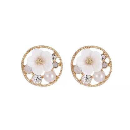 1 Pair IG Style Sweet Flower Hollow Out Inlay Alloy Rhinestones Pearl Drop Earrings Ear Cuffs Ear Studs