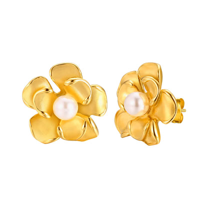 1 Pair IG Style Sweet Flower Inlay 201 Stainless Steel Artificial Pearls 18K Gold Plated Ear Studs