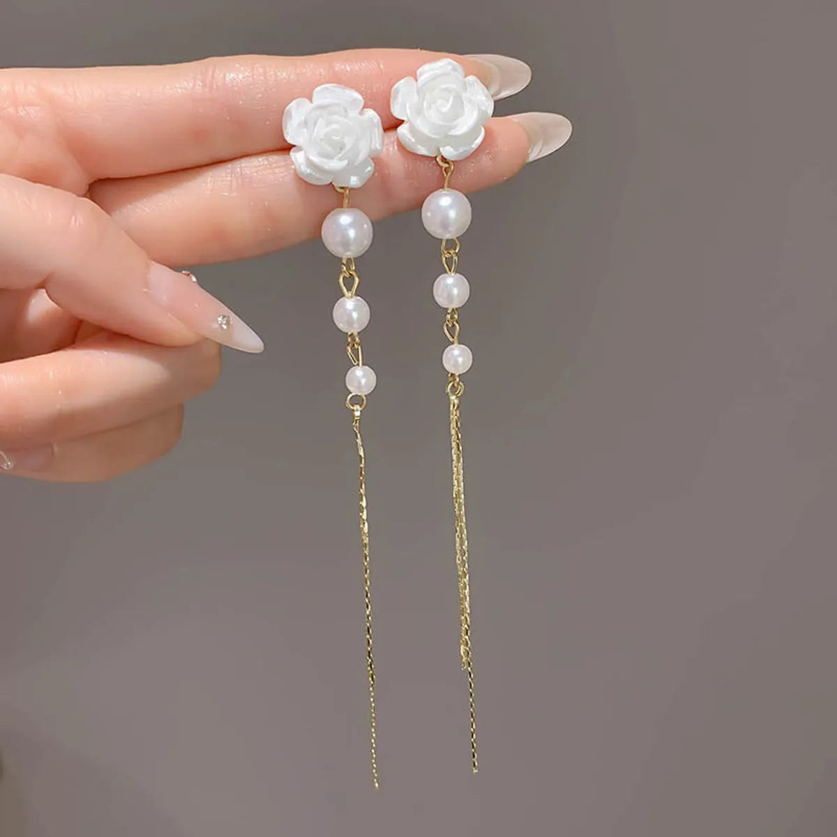 1 Pair IG Style Sweet Flower Petal Butterfly Beaded Tassel Inlay Alloy Rhinestones Drop Earrings