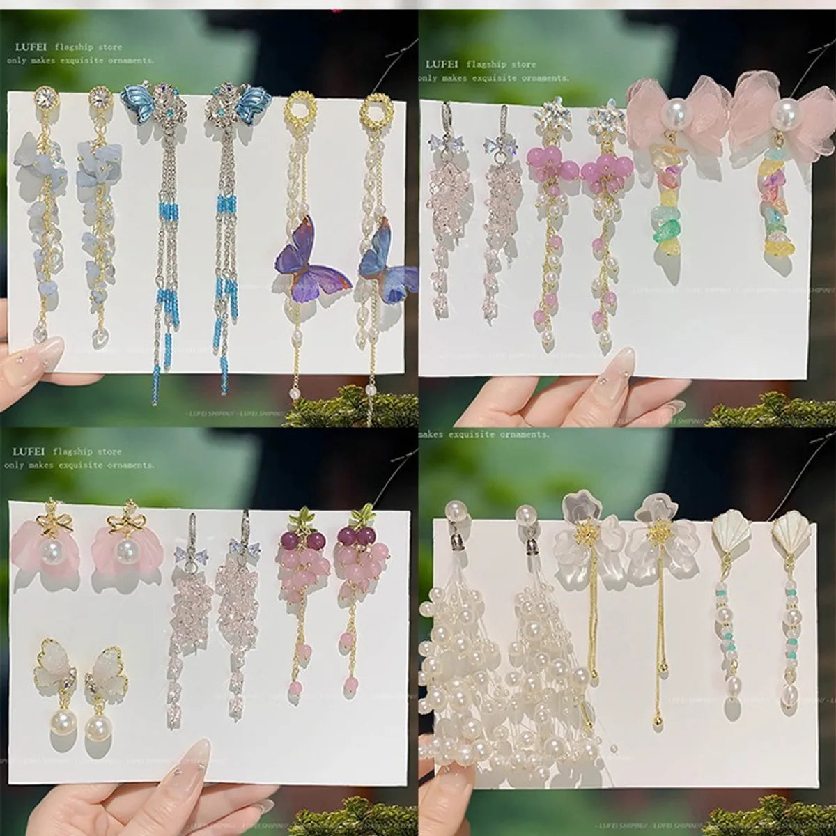 1 Pair IG Style Sweet Flower Petal Butterfly Beaded Tassel Inlay Alloy Rhinestones Drop Earrings