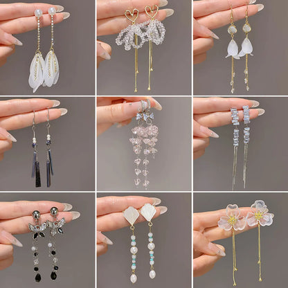 1 Pair IG Style Sweet Flower Petal Butterfly Beaded Tassel Inlay Alloy Rhinestones Drop Earrings