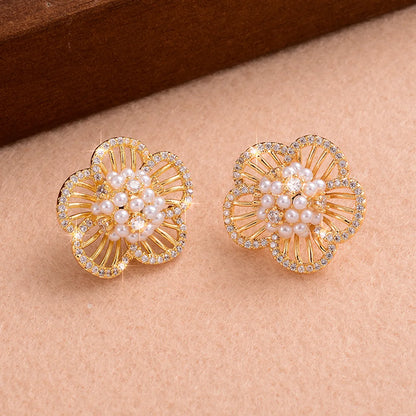 1 Pair Ig Style Sweet Flower Plating Inlay Copper Pearl Zircon 14k Gold Plated Ear Studs