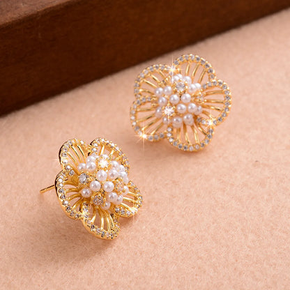 1 Pair Ig Style Sweet Flower Plating Inlay Copper Pearl Zircon 14k Gold Plated Ear Studs