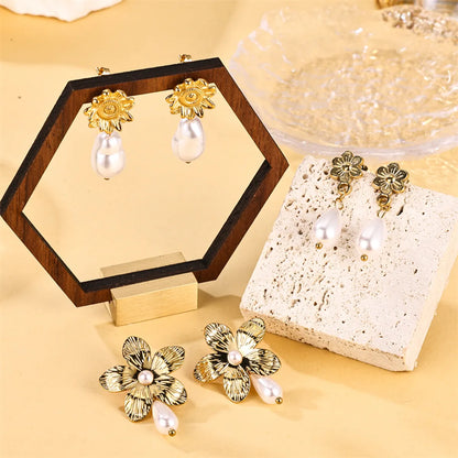 1 Pair Ig Style Sweet Flower Plating Stainless Steel Imitation Pearl 18k Gold Plated Drop Earrings