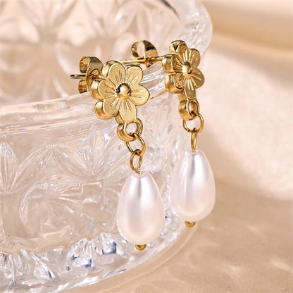 1 Pair Ig Style Sweet Flower Plating Stainless Steel Imitation Pearl 18k Gold Plated Drop Earrings