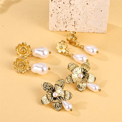 1 Pair Ig Style Sweet Flower Plating Stainless Steel Imitation Pearl 18k Gold Plated Drop Earrings