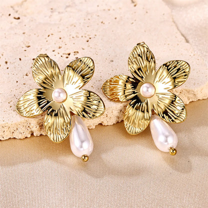 1 Pair Ig Style Sweet Flower Plating Stainless Steel Imitation Pearl 18k Gold Plated Drop Earrings