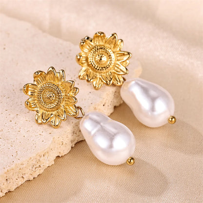 1 Pair Ig Style Sweet Flower Plating Stainless Steel Imitation Pearl 18k Gold Plated Drop Earrings