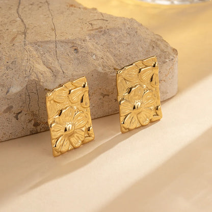 1 Pair IG Style Sweet Flower Rectangle Pleated 304 Stainless Steel 18K Gold Plated Ear Studs