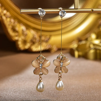 1 Pair IG Style Sweet Geometric Flower Inlay Alloy Titanium Steel Rhinestones Pearl Drop Earrings