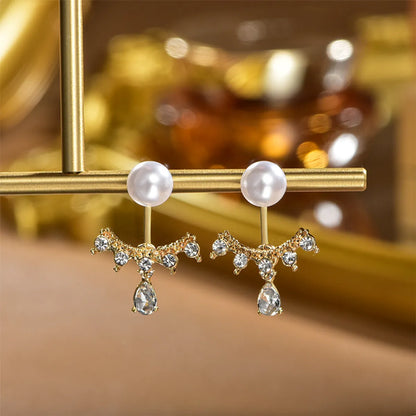 1 Pair IG Style Sweet Geometric Flower Inlay Alloy Titanium Steel Rhinestones Pearl Drop Earrings