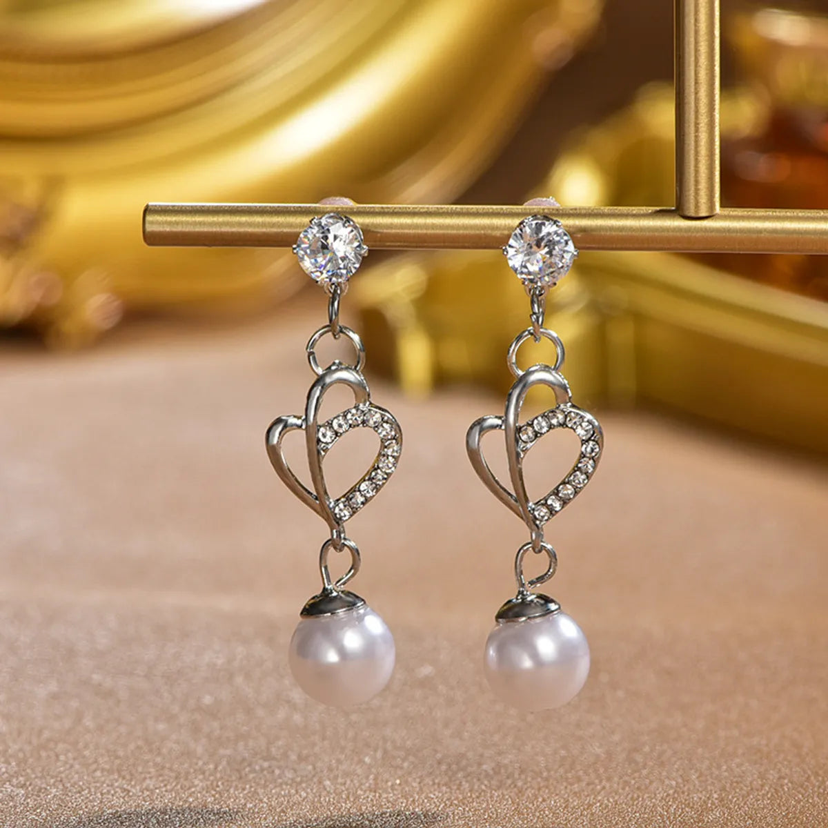 1 Pair IG Style Sweet Geometric Flower Inlay Alloy Titanium Steel Rhinestones Pearl Drop Earrings