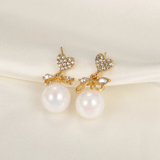 1 Pair Ig Style Sweet Heart Shape Bow Knot Pearl Inlay Alloy Rhinestones Drop Earrings