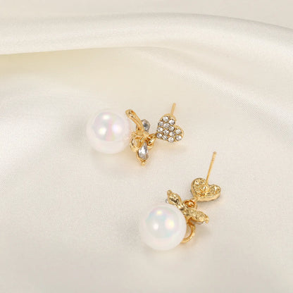 1 Pair Ig Style Sweet Heart Shape Bow Knot Pearl Inlay Alloy Rhinestones Drop Earrings