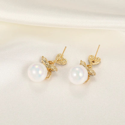 1 Pair Ig Style Sweet Heart Shape Bow Knot Pearl Inlay Alloy Rhinestones Drop Earrings